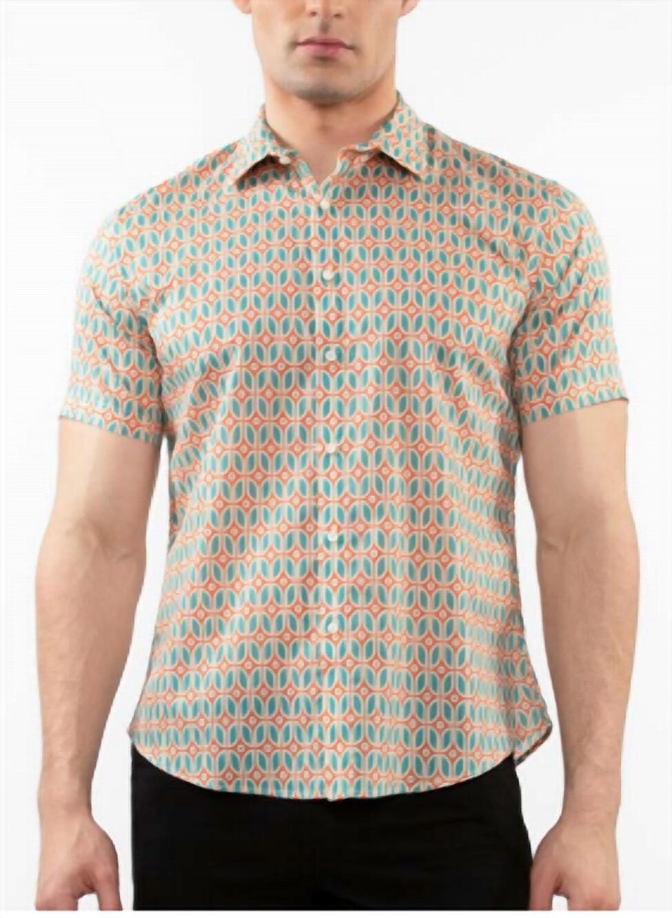 NEW POSTMARC ovals short sleeve shirt in teal/coral